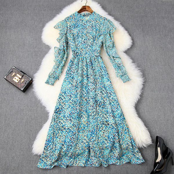 

casual dresses chiffon long dress women's 2021 spring summer fresh print ruffled stand collar high waist lantern sleeve floral elegant, Black;gray