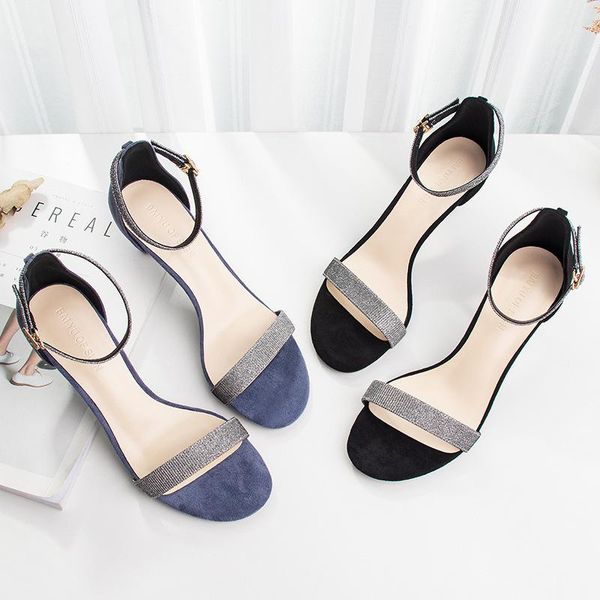 

sandals 2021 seller - women flock sequined cloth buckle strap 6.5cm thin high heels round toe shallow shoes, Black