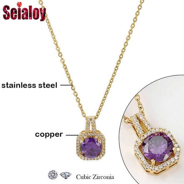 

pendant necklaces golden stainless steel chain purple cubic zirconia necklace for women crystal square charm gift, Silver