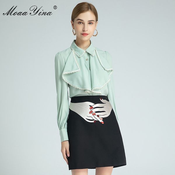 

29fashion designer set spring women's lace ruffles mesh long sleeve blouses +sequins skirt two-piece set 210524, White