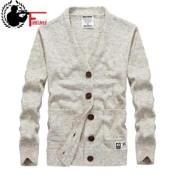 Camisola dos homens Marca de inverno moda de malha com decote em v botão masculino casual algodão tecido de algodão Cardigan estilo elegante estilo cinza 210518