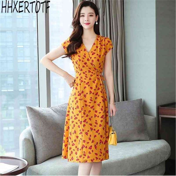 Summer Women Dress Vintage Elegante scollo a V manica corta al ginocchio Fashion Leisure Print 210531