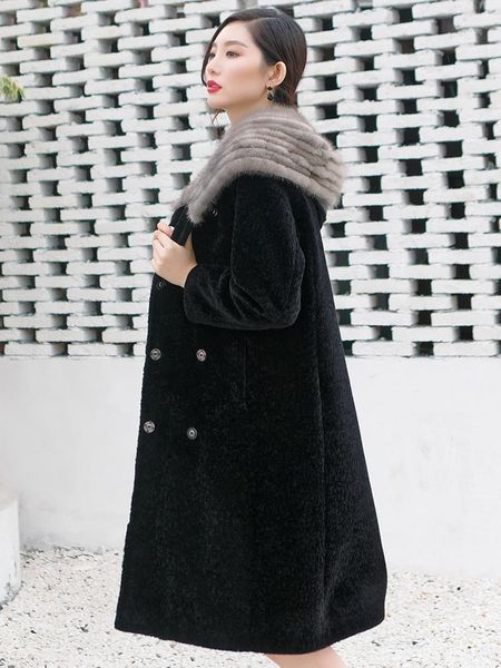 

women's fur & faux real coat winter jacket women sheep shearling wool female mink hooded long jackets 2021 kj708, Black