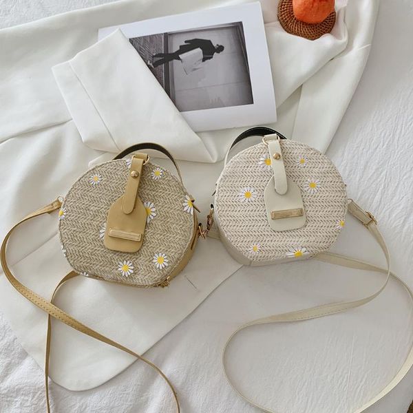

evening bags fashion summer woven bag pu daisy lace round shoulder women beach crossbody rattan holiday tote
