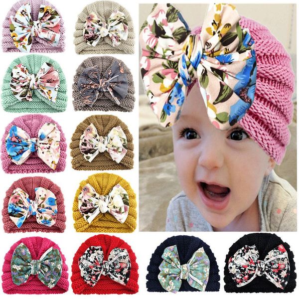 New Wool Crochet Knit Turban Hat Infant Toddler Floral Print Head avvolge Neonato Bonnet Beanies Caps for Baby Girls Boys
