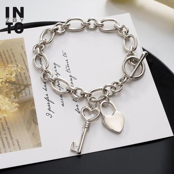 

into silver color key lock heart bracelets for women lariat link chain bracelet bangle fashion jewelry 2021 friendship bracelets, Black