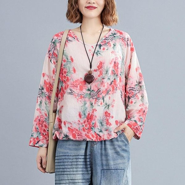 

women cotton linen casual t-shirts arrival 2021 spring vintage style v-neck floral print loose female long sleeve s3619 women's t-shir, White