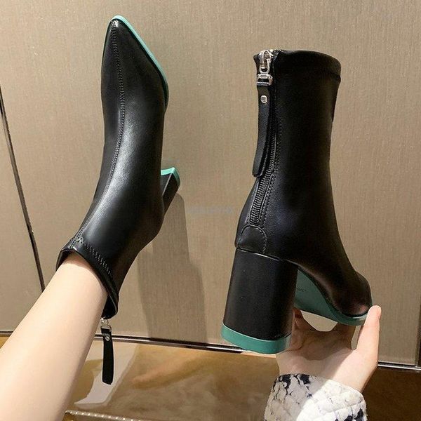 

boots women's ankle pointed toe high heels pumps autumn winter night club shoes woman square heel black fur