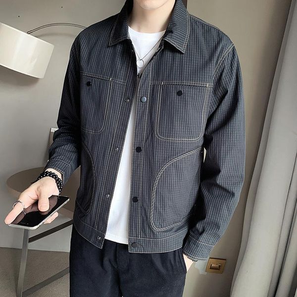 

men's jackets 2021 autumn simple texture korean casual plaid jacket fashion self-cultivation trend wild crop top, Black;brown