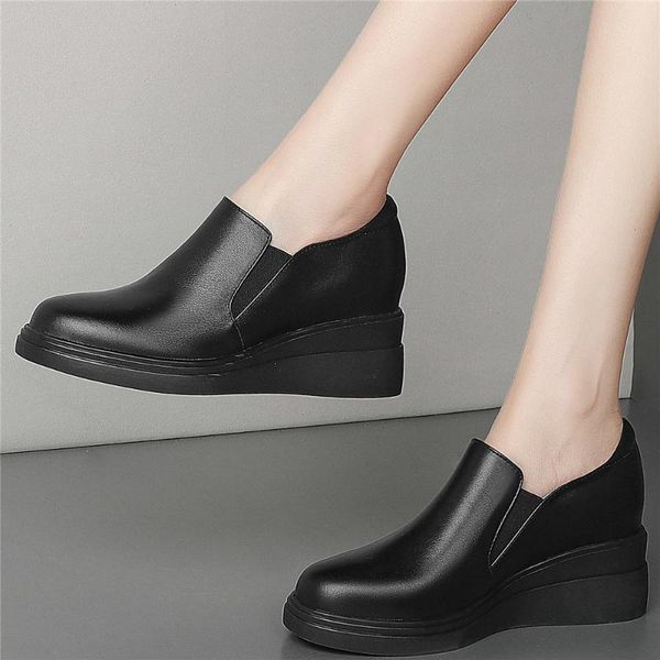 

fashion sneakers women genuine leather wedges high heel pumps shoes female low round toe platform ankle boots casual dress, Black