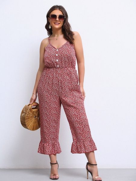 

plus ditsy floral fake button cami flare leg jumpsuit r3cr#, Black