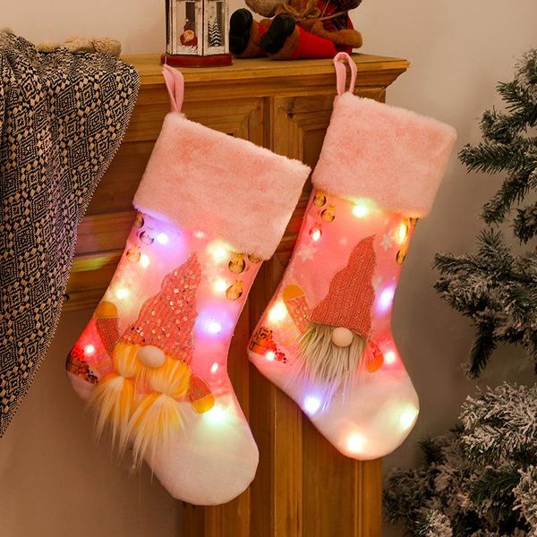 

christmas decorations stockings kit with led light 3d glowing holders night santa ornament knitted decoration gift bags for kids pink,