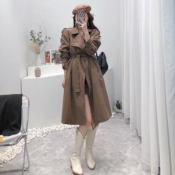 

women's trench coats long fashion autumn winter lace-up a-belt windbreaker retro chic coat women casual, Tan;black
