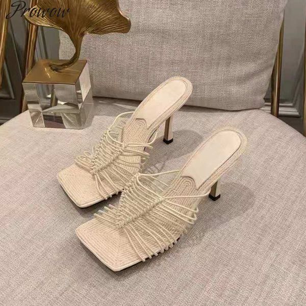 

prowow style summer square-toe mule shoes ladies black high thin heels slippers luxury brand designers narrow band 60% off store online