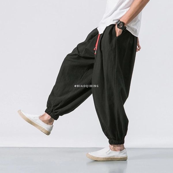

men's fashion casual loose solid color harem pants wide leg elasticated cotton linen trouser man jogger, Black