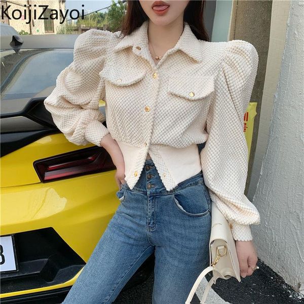 

women's jackets koijizayoi autumn winter women solid corduroy coat puff sleeve vintage slim short jacket turn-down collar button-up out, Black;brown
