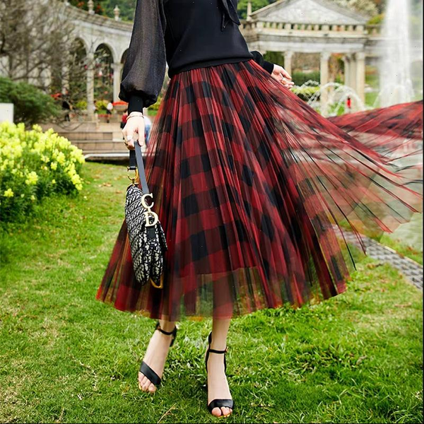 

womens skirt fall winter vintage black red plaid long mesh lace england preppy style office lady work elastic waist pleated