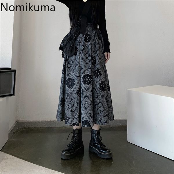

nomikuma vintage printing autumn women skirt causal korean stretch high waist a-line midi skirts fashion faldas mujer 6c137 210427, Black