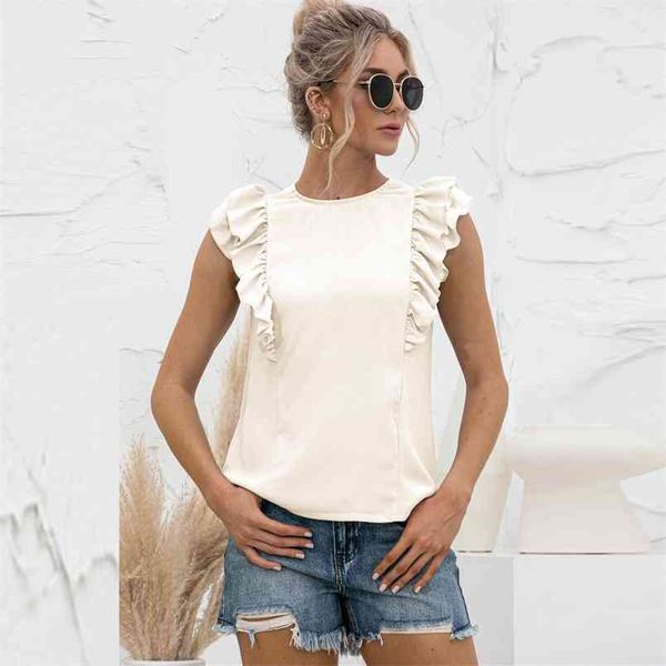 

elegant solid ruffle women t-shirt casual o-neck sleeveless backless lace up tank summer yellow basic all-match female vest 210522, White