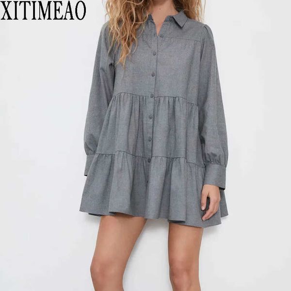 

za women sweet fashion ruffled mini dress vintage lapel collar puff long sleeve femal solid color skirte chic dresses xitimeao 210602, Black;gray