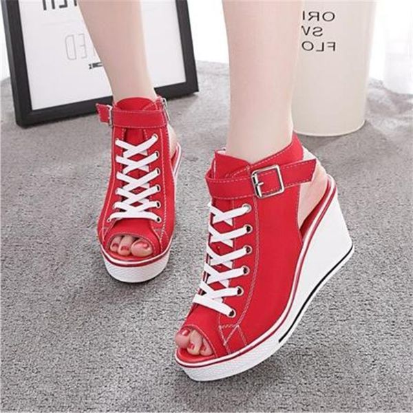 

dress shoes 2021 spring autumn side zipper sandals 8cm thick sole wedge lace up canvas women's muffin casual white black red