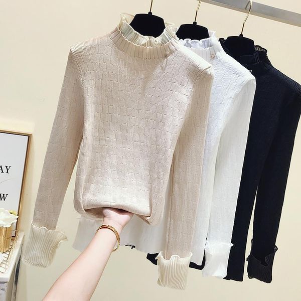 

women's sweaters turtleneck black lace oversized plus large size female woman blouses winter clothing latest 2021 spring k0552, White;black