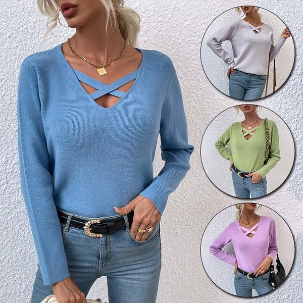 

women's sweaters sweater autumn winter casual solid color long sleeve cross v-neck knitted pullovers fashion slim jumper, White;black