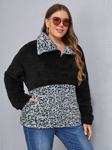 

plus contrast leopard half zip teddy sweatshirt t8ea#, Black