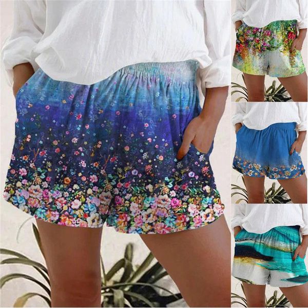 

women's shorts plus size 5xl casual floral print pocket women sports summer beach short pants yoga elastic waist womans, White;black