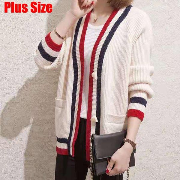 

women's knits & tees 2022 women girl cardigans full sleeve knitted sweaters v neck basic knitwear strip jacket loose, White