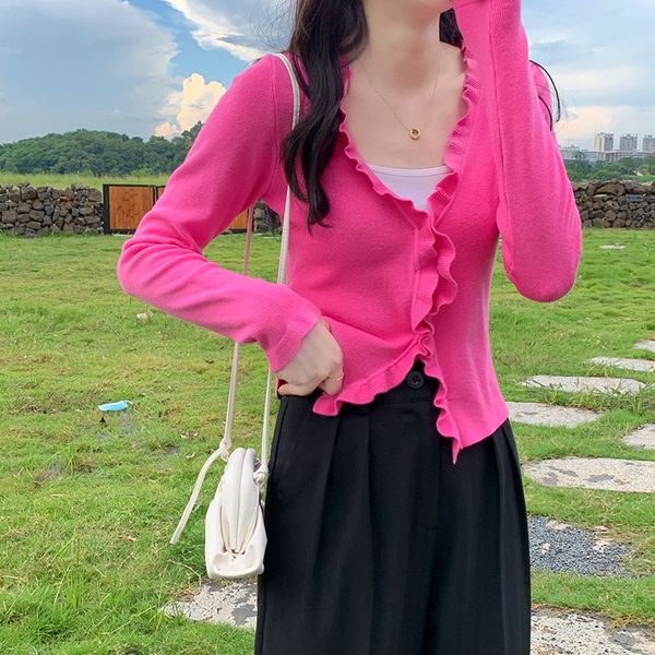 

5 colors korean style women autumn 2021 v neck short slim cardigan sweater coat female outwear long sleeve knitted (x1533, White;black