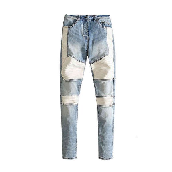 

leather am white men's jeans motorcycle pants, Blue
