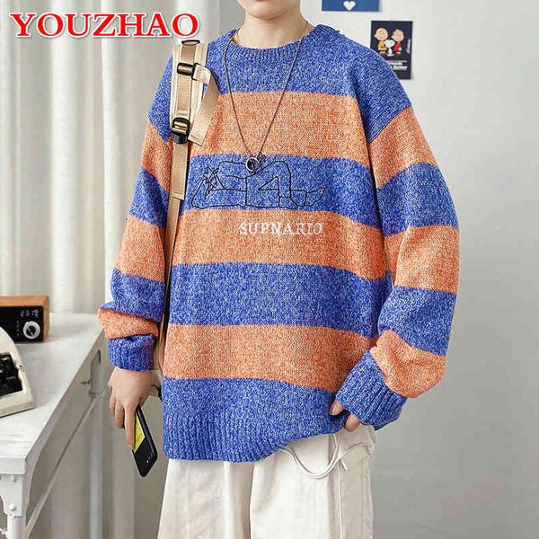 

tee 2021 new korean version of sweaters autumn and winter lazy striped jacket loose round neck men's sweater, White;black