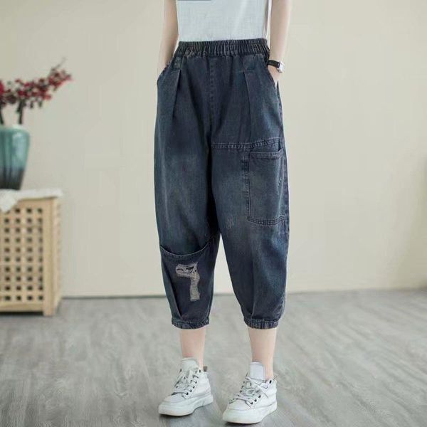 

women's jeans summer thin loose cropped trousers women big size pockets ripped casual elastic waist lady denim harem pants aq1138, Blue