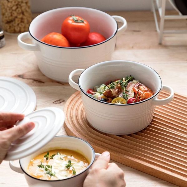 

bowls 1pc ceramic binaural bowl portable instant noodle soup (white)