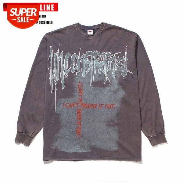 

streetwear men letter graffiti long-sleeved t-shirt men's trendy brand ins european and american high street washing funeral line old #, White;black