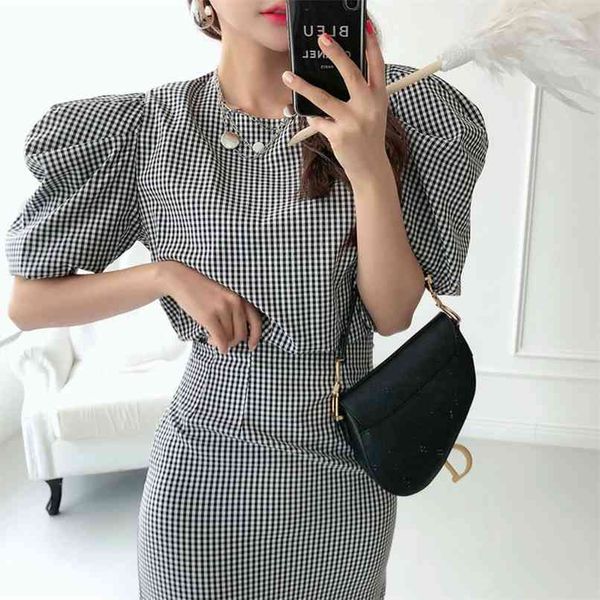 

orean chic houndstooth temperament two piece skirt sets puff sleeve short bodycon mermaid suits female summer outfits 210602, Black;white