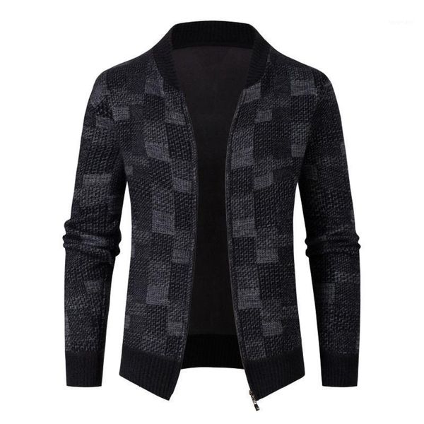 

men's jackets autumn winter long sleeved plus velvet hoodless plaid sweater cardigan jacket men outerwear windbreaker coat, Black;brown