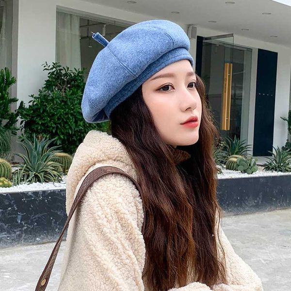 

hats, scarves & gloves sets autumn and winter versatile woolen hat children british retro literary beret korean version japanese simple casu, Blue;gray