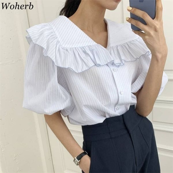 

casual chic peter pan collar women blouses short sleeve loose single-breasted female all match shirts summer blusas 210519, White
