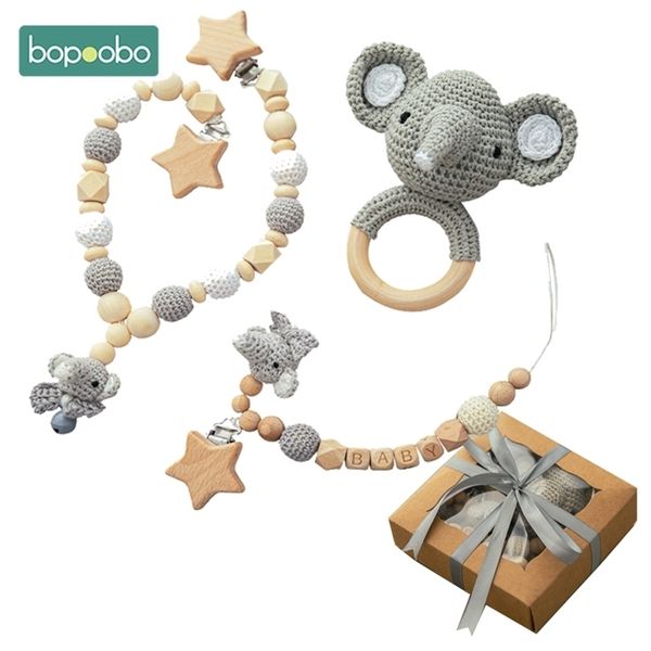 Bopooooo Baby Toy Set in legno cartone animato elefante coniglio passeggino catena ciuccio all'uncinetto teether personalizzato regali nati 211106