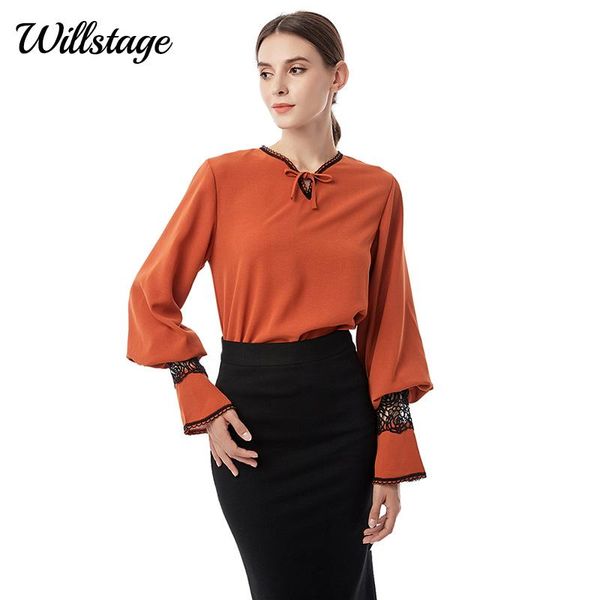

women's blouses & shirts willstage loose women lantern sleeve chiffon shirt long-sleeved bow lace up blouse 2021 spring autumn office l, White