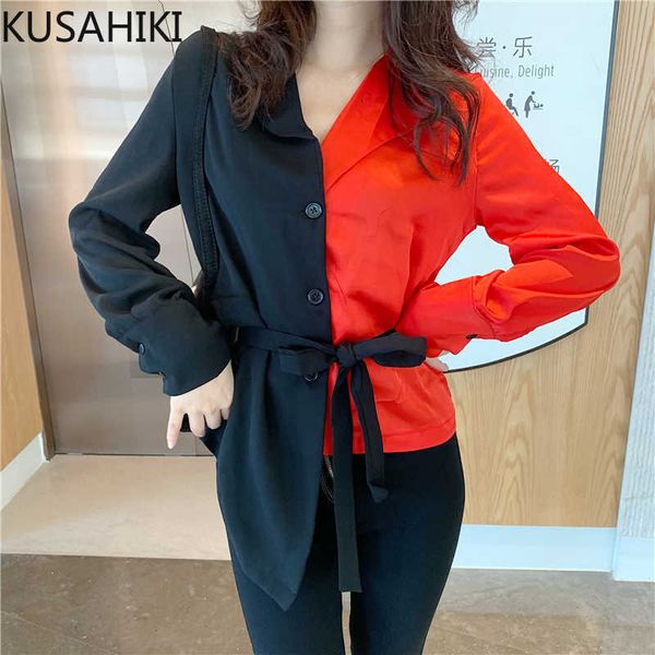 

kusahiki spring women blouse korean hit color patchwork shirt sashes slim wiast elegant blusas mujer de moda 6f544 210602, White