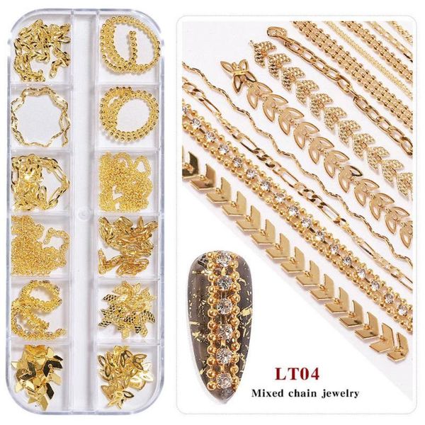 

nail art decorations the 12 grids/pack multi-colored all various shapes chains ring buckle metal 3d studs alloy manicure diy, Silver;gold