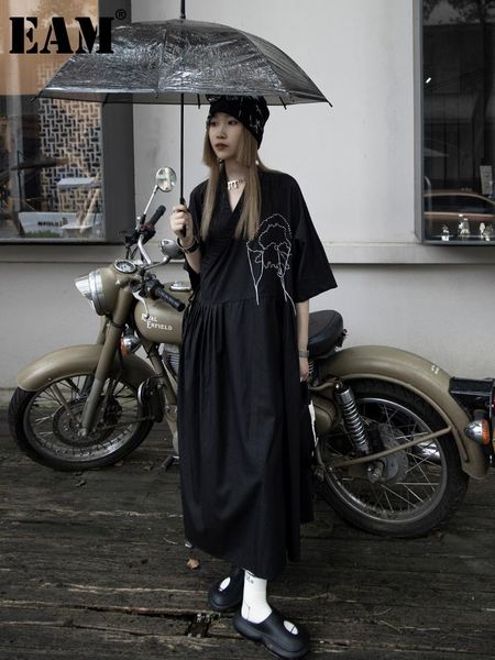 

casual dresses [eam] women black long bandage embroidery dress v-neck three-quarter sleeve loose fit fashion spring autumn 2021 1de1222, Black;gray