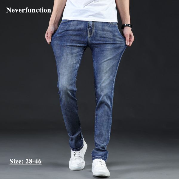

jeans men slim stretch business style simple blue straight fashion man cotton casual denim trousers plus size 44 46