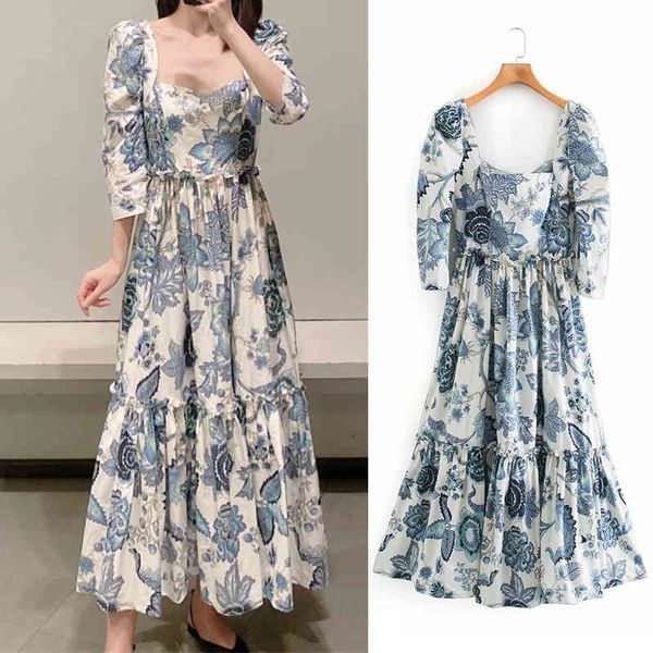 

casual dresses women new summer mid blue and white porcelain print full sleeve medium beach style chic casual loose t0mz, Black;gray