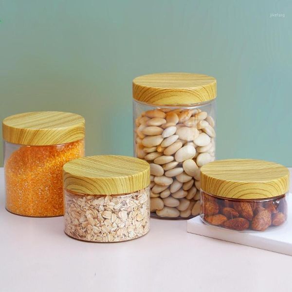 

storage bottles & jars wide mouth transparent plastic bottle nut biscuits wood grain airtight jar kitchen seasoning moisture-proof tank
