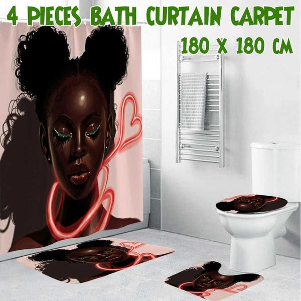 

africa girl printing shower curtain set waterproof bath mat toilet lid cover non-slip rug carpet bathroom decor with hooks curtains
