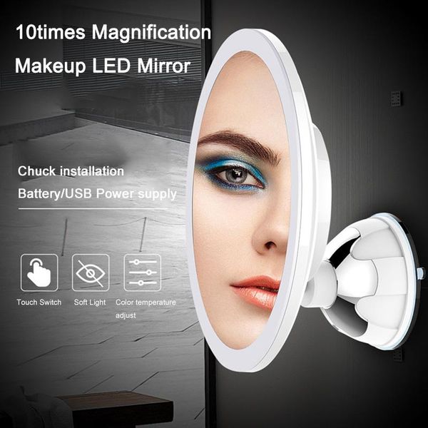 

compact mirrors 10x magnification led makeup mirror wall chuck installation 360degree rotation warm cold light adjust battery usb power supp
